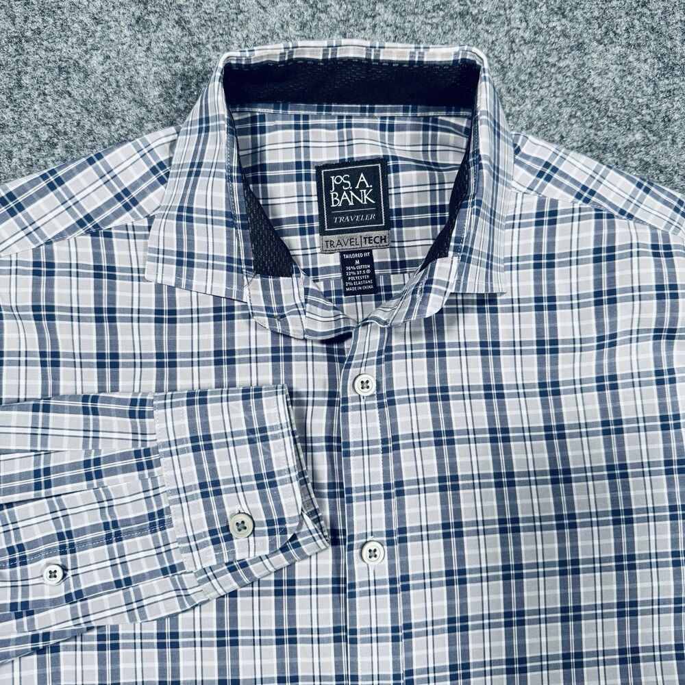 Jos A Bank Traveler Tailored Fit Travel Tech Blue Plaid Men’s Medium